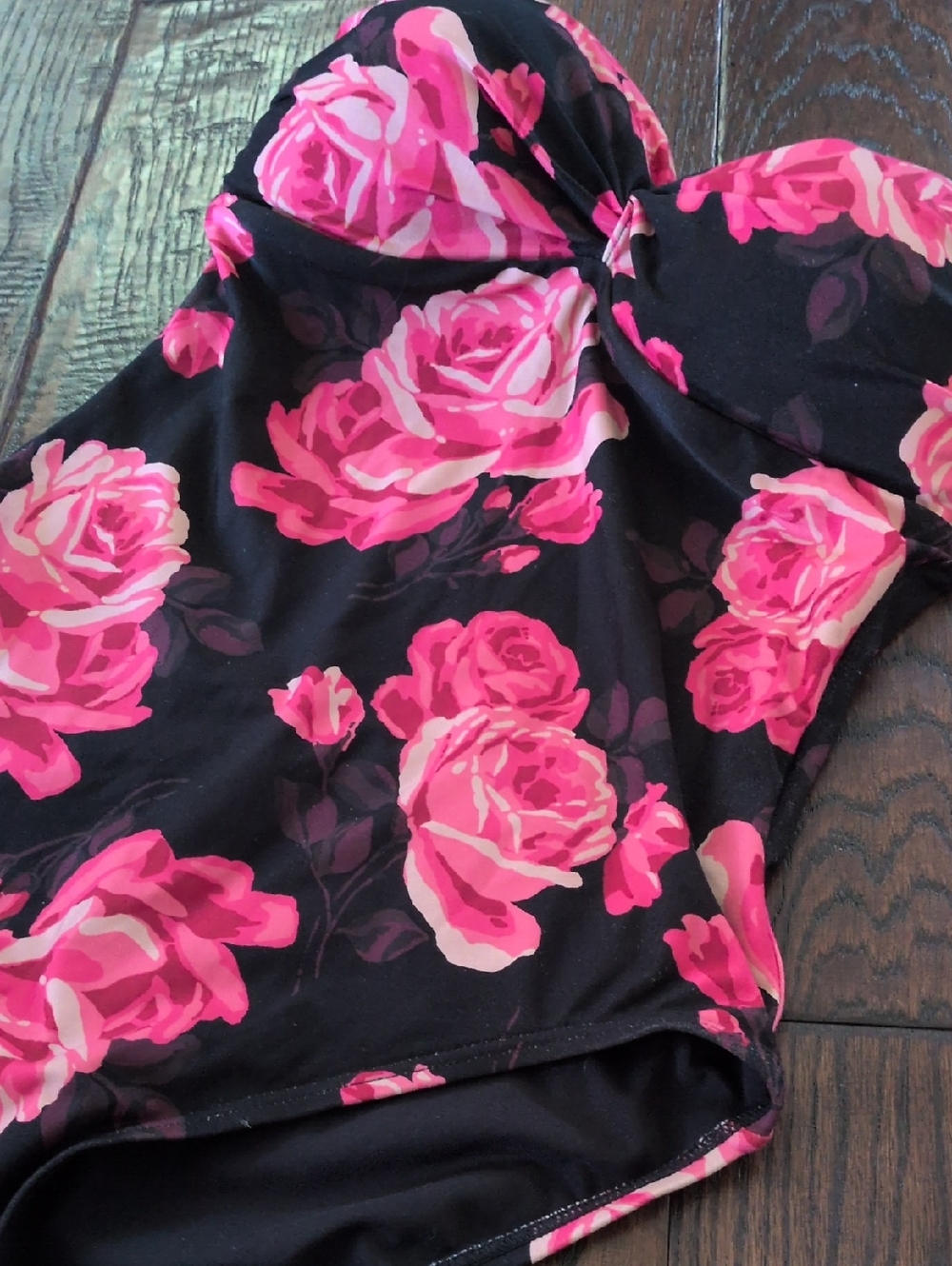 KATE SPADE I NWT Black & Pink Rose Flower Floral Strapless One Piece Swimsuit, M